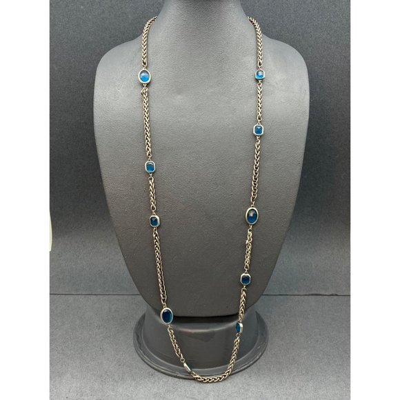 Chicos Long Necklace As Is Silver Chain Teal Blue Faceted Bezel Bead Retro BoHo - Picture 2 of 12